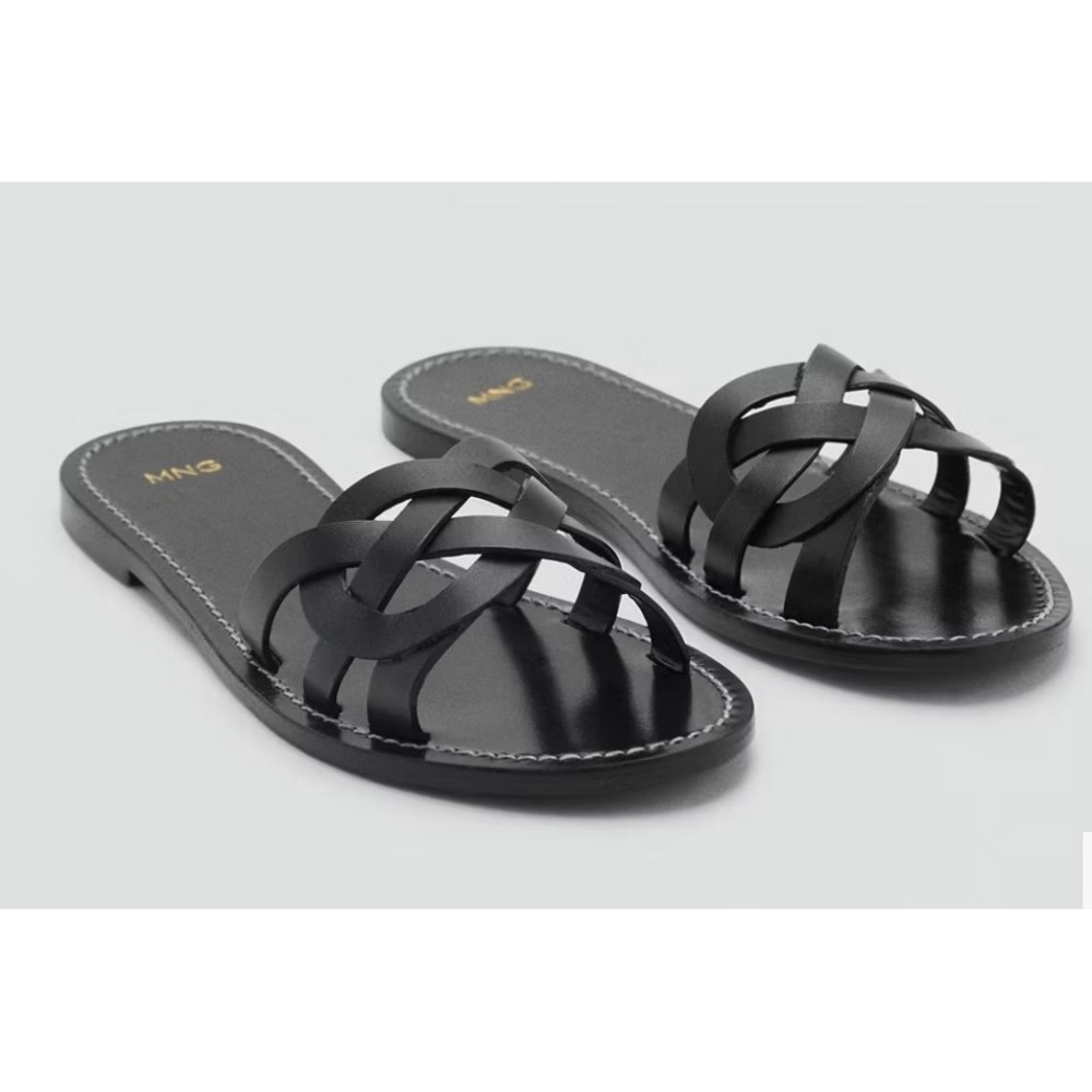 Mango MNG NWT Black Leather Interlaced Flat Sandals Slides Women - Size 39